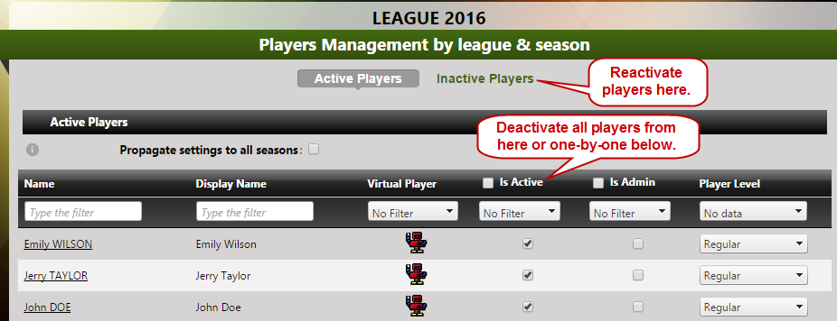 Players Activation/Deactivation Screen